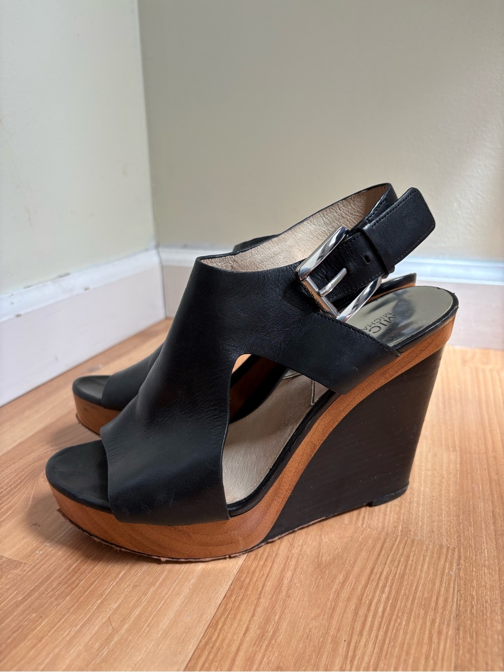 MICHAEL Michael Kors Black Leather Open-Toe Wedge Sandals